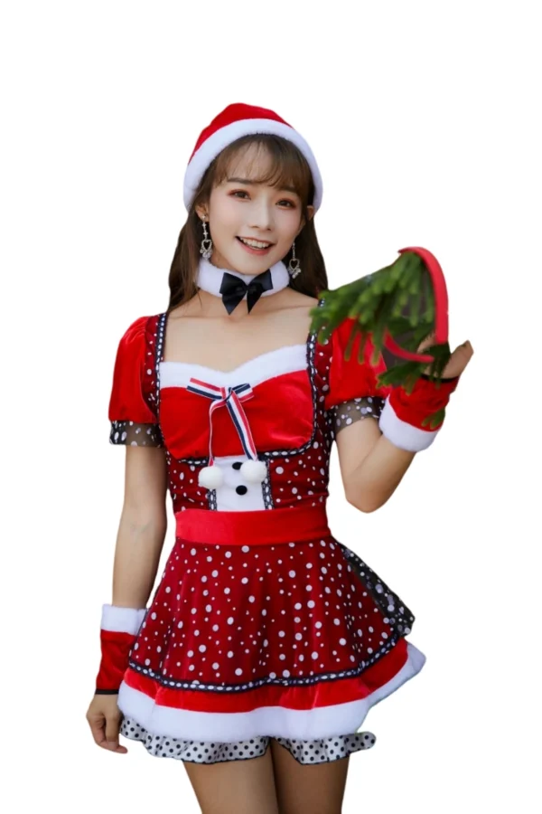 Model in custom womens Christmas lingerie red polka dot Santa dress