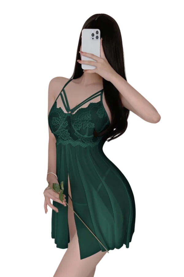 OEM long lace nightgown in deep green with beautiful lace designs.