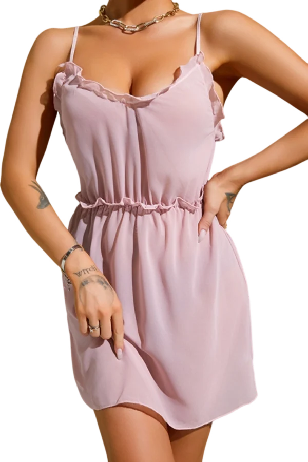 Front view of an elegant B2B short lace nightgown in soft pink