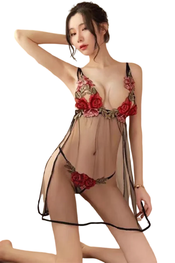 Elegant bulk lace black nightgown front view with floral embroidery