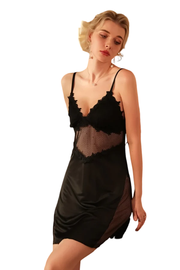 Bulk silk lace nightgown in black with intricate lace detailing