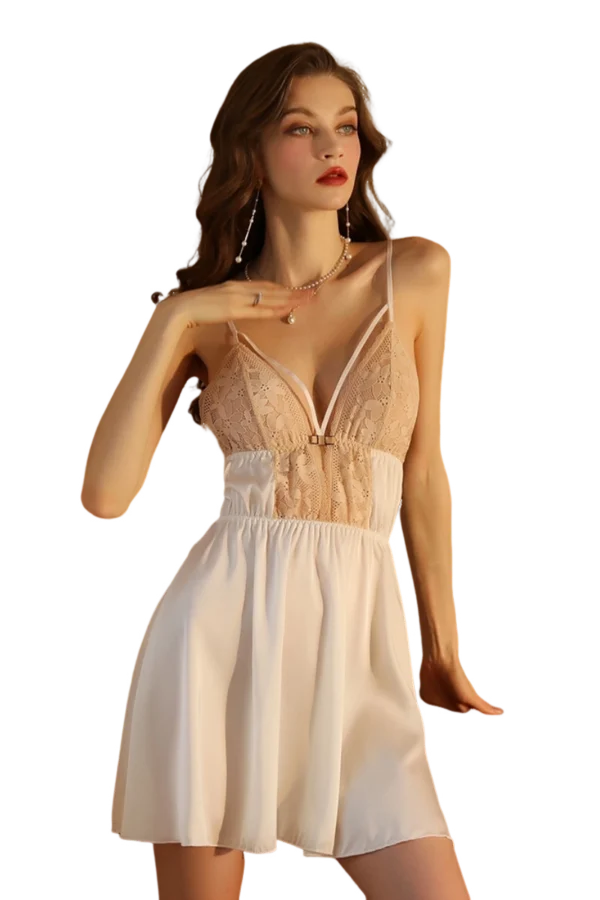 Woman wearing an elegant custom nightgown with lace detailing