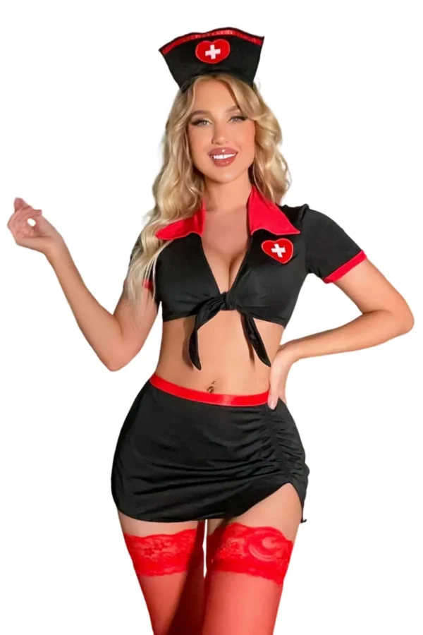Elegant black custom women's sexy nurse outfit with red details and hat