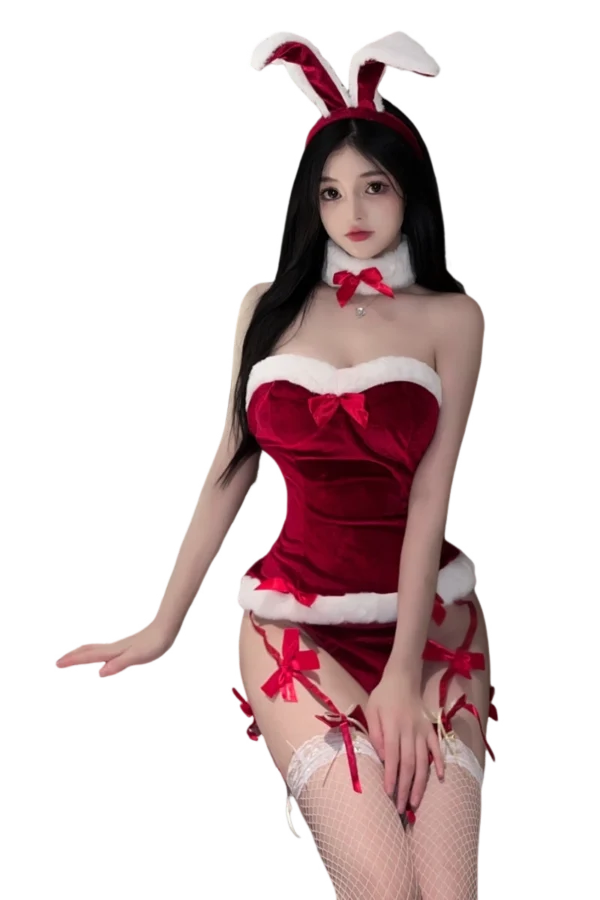 B2B Santa bodysuit lingerie with red bow details and white fur trim