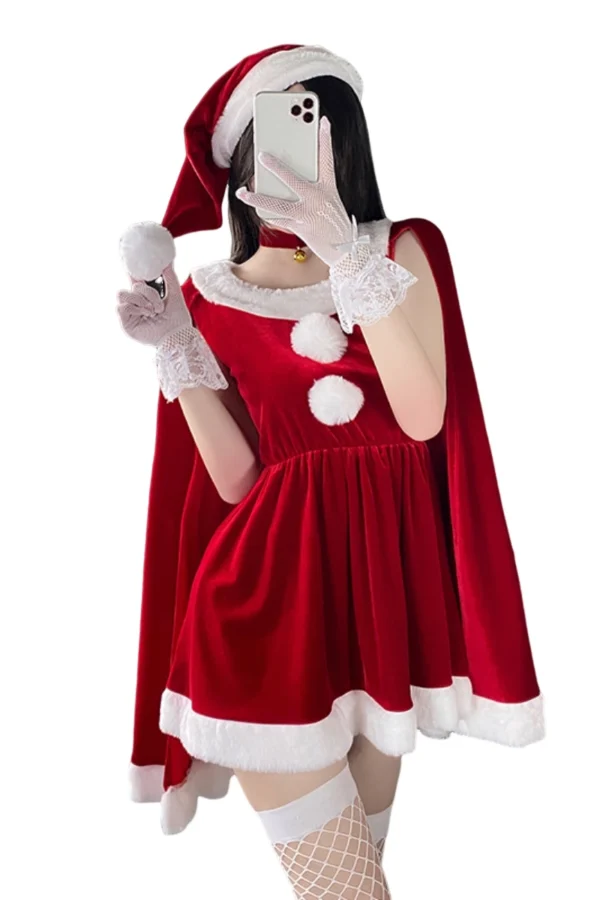Festive Christmas lingerie wholesale set featuring a red velvet dress with cape