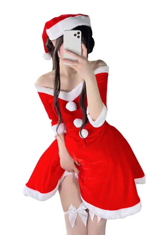 Woman in a festive custom lingerie Christmas costume with hat