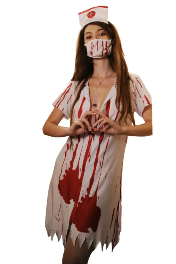Front view of a custom nurse Halloween costume with blood-stained mask.