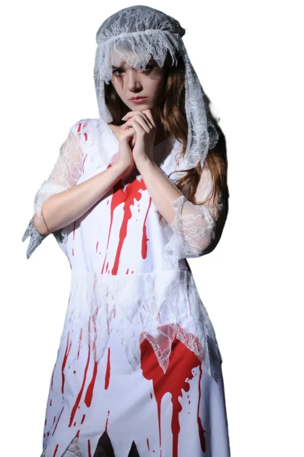 Full-length Halloween nurse costume with blood details, bulk purchase