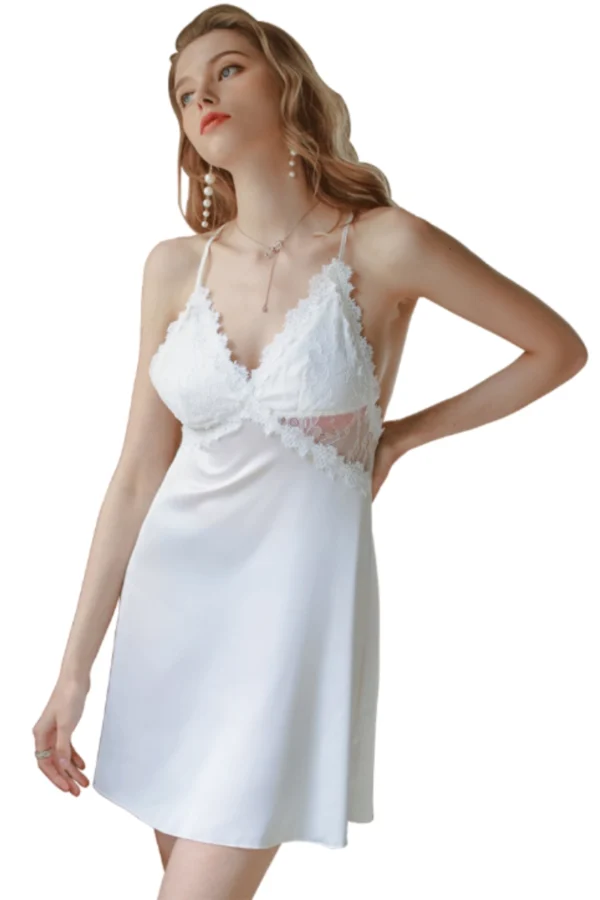 Custom lace nightgown with sleeves in white for a timeless design.