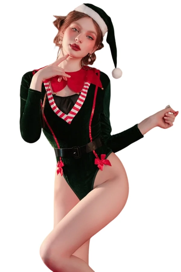 Nude Christmas lingerie wholesale bodysuit in green with holiday trim
