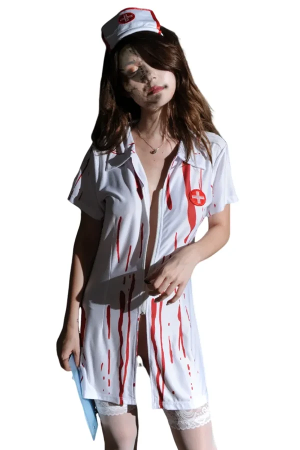 Nurse Halloween Costume OEM with Dark Atmosphere - Supreme Lingerie Nurse Halloween costume OEM in a haunted setting, designed with eerie aesthetics.