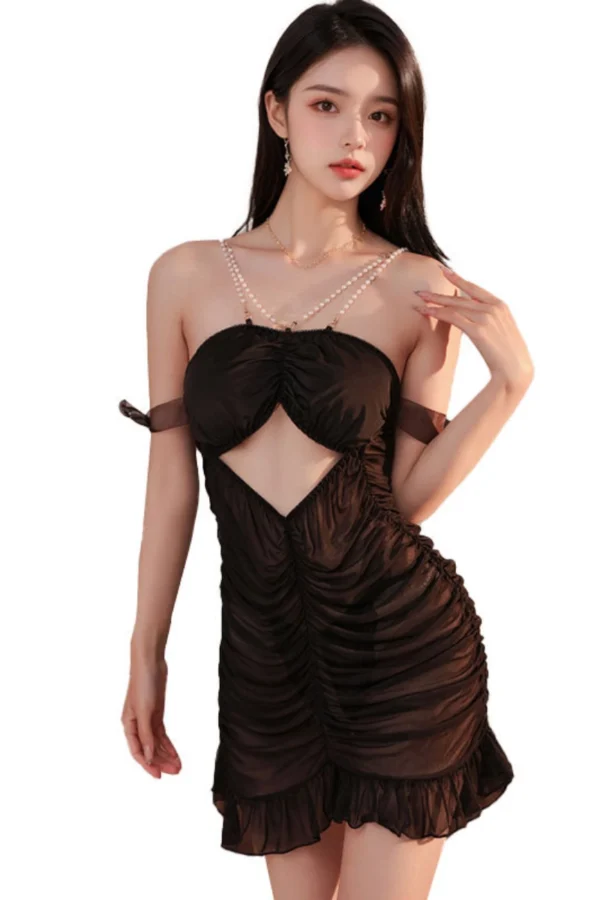 Alluring OEM black babydoll nightgown lace with ruched details and flowing hem.