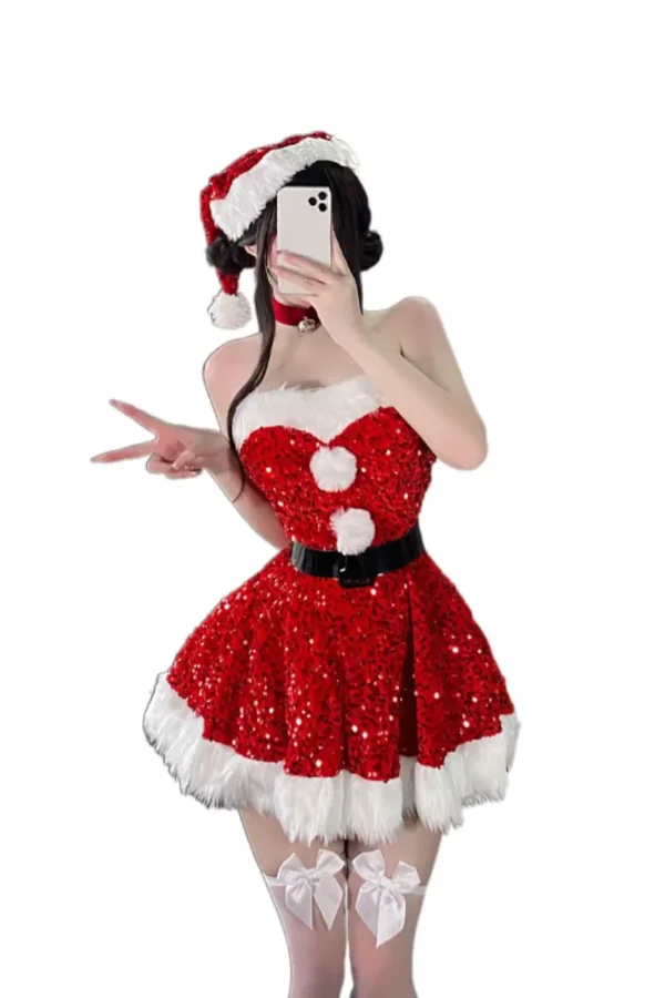 OEM Christmas bodysuit lingerie with black belt and Santa-style hat.