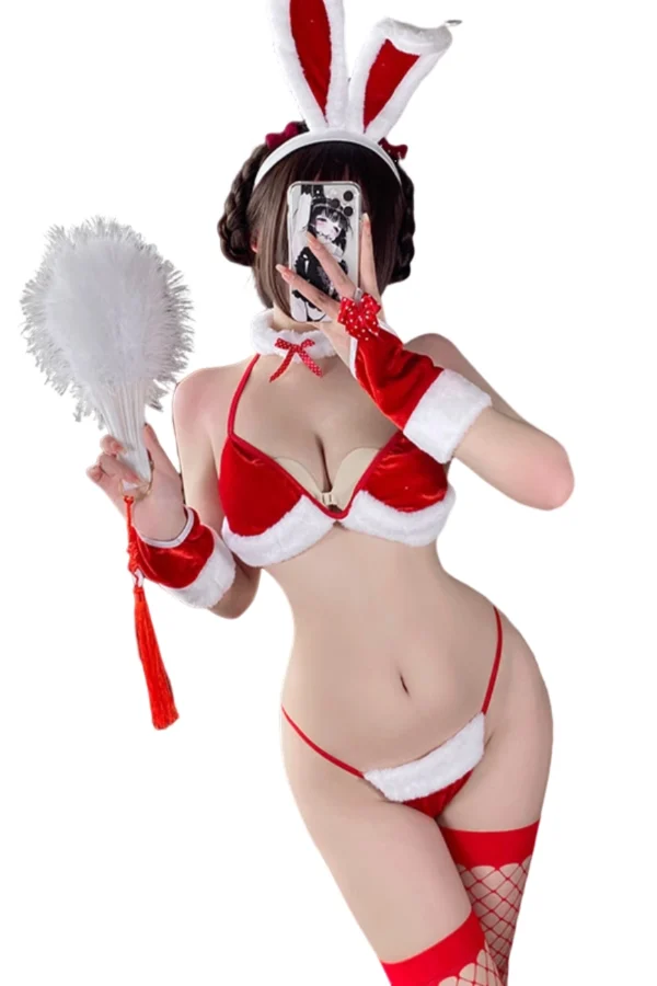 OEM Christmas dress lingerie set with red velvet and bunny ears