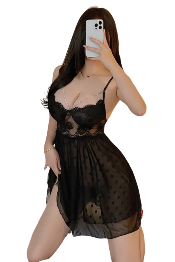 Elegant black OEM lace trim nightgown with sheer design