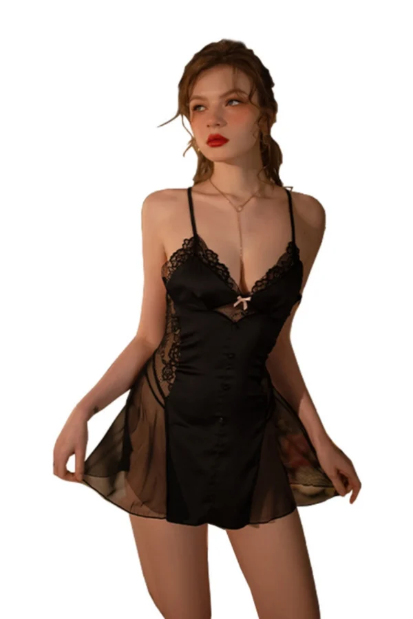 A stunning black OEM lace Victorian nightgown with intricate lace detailing.