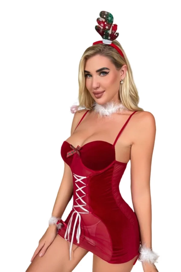 Full body view of OEM Santa dress lingerie with holiday accents