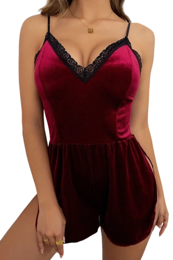 OEM satin and lace nightgown front detail in deep red