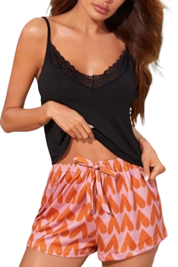 OEM sexy lace nightgown featuring pink heart-patterned shorts, perfect for romantic vibes.