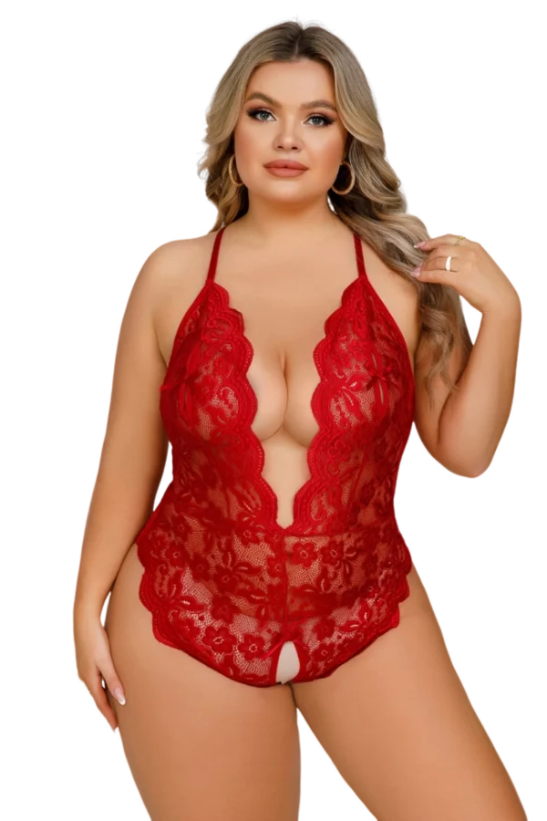 Front view of red OEM silk and lace nightgown showing lace details