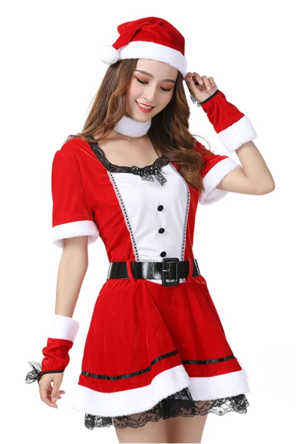 Model in OEM womens Christmas lingerie red Santa dress with lace