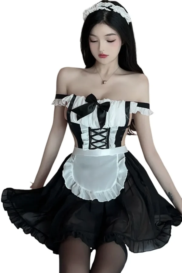 Woman wearing plus sexy loungewear OEM with off-shoulder ruffle design and a black satin bow.