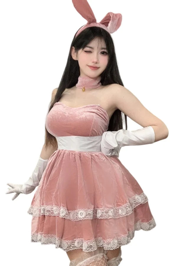 Pink custom Christmas dress lingerie with bunny ears and lace accents