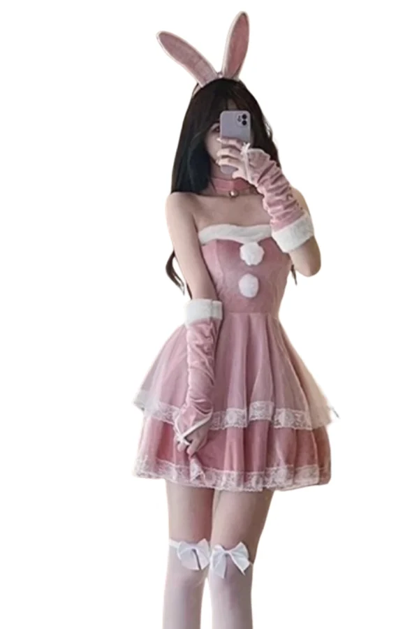 Pink custom Santa body lingerie with bunny ears and gloves