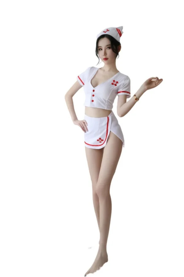 Woman in a sexy nurse outfit OEM sitting by a window with stylish red accents.