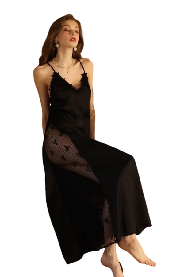 Sheer black plus size lace nightgown wholesale with elegant lace details