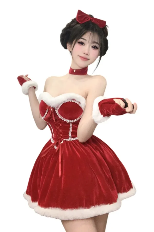 Model wearing private label Christmas body lingerie in red velvet dress