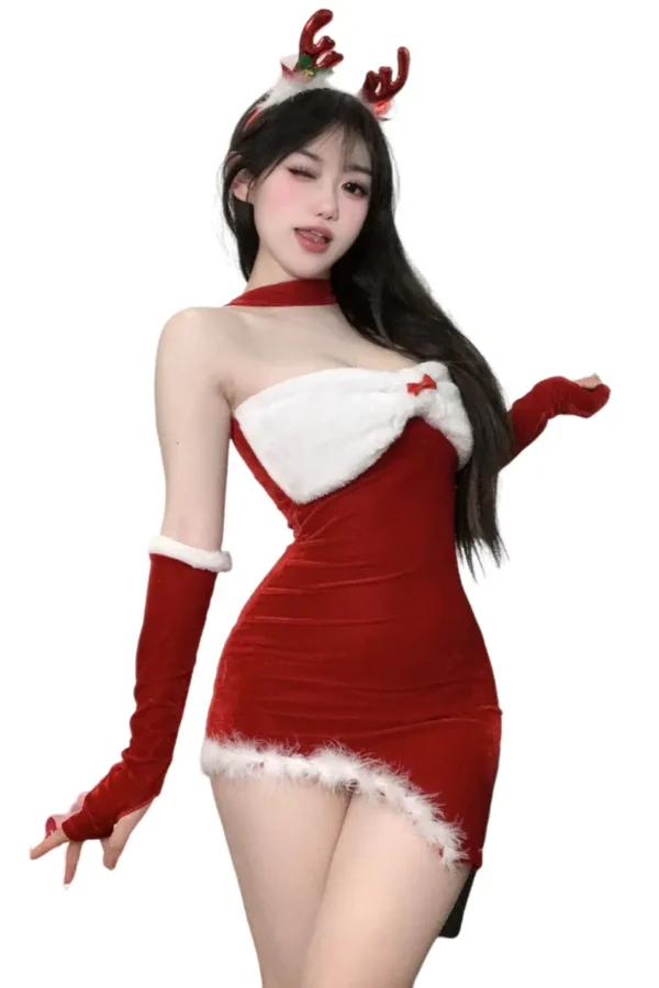 Private label Christmas bodysuit lingerie with red velvet and festive antlers