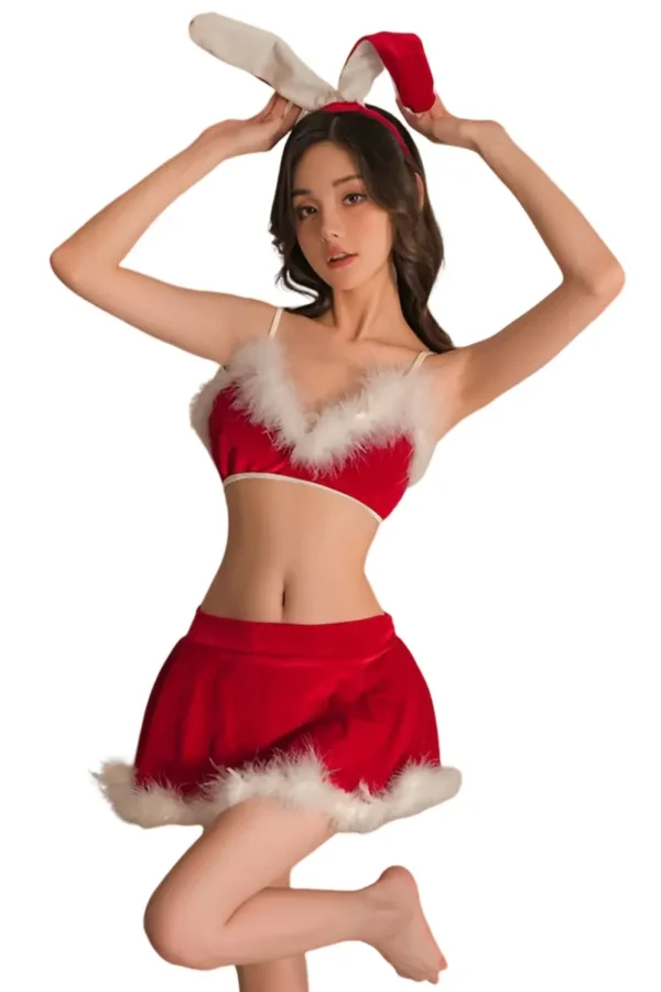 Model wearing private label Christmas lingerie dress in red bunny set
