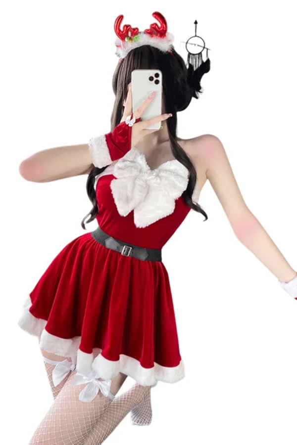 Private label Christmas lingerie porn holiday dress with white bow and fur trim