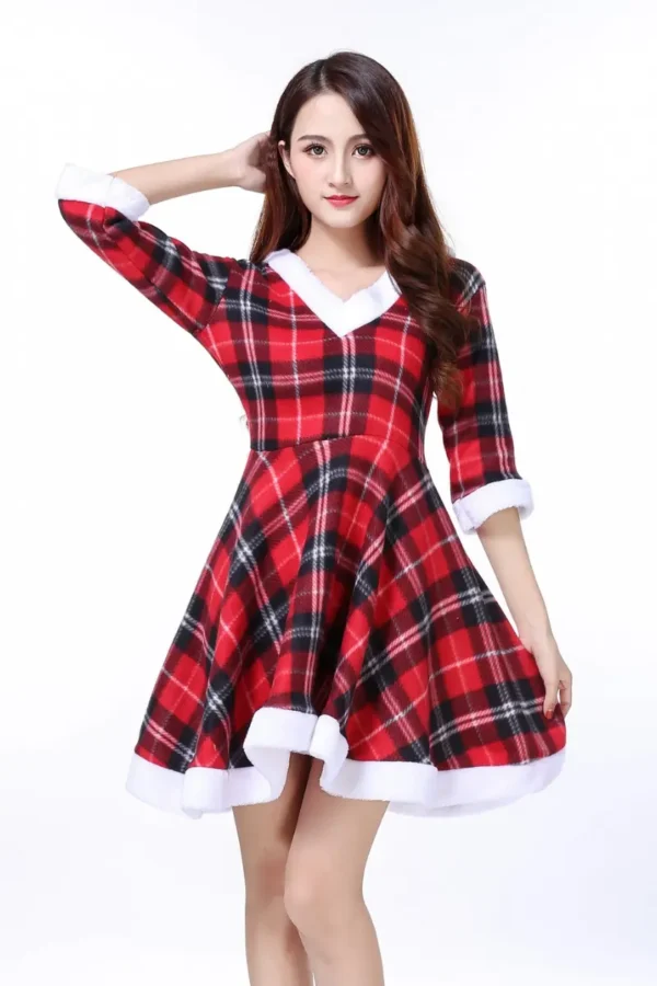 Woman wearing private label Christmas stockings lingerie in red plaid dress, front view