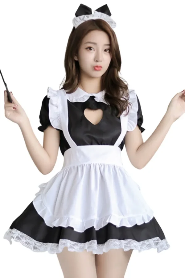 Model wearing private label French maid costume with heart cutout and lace hem