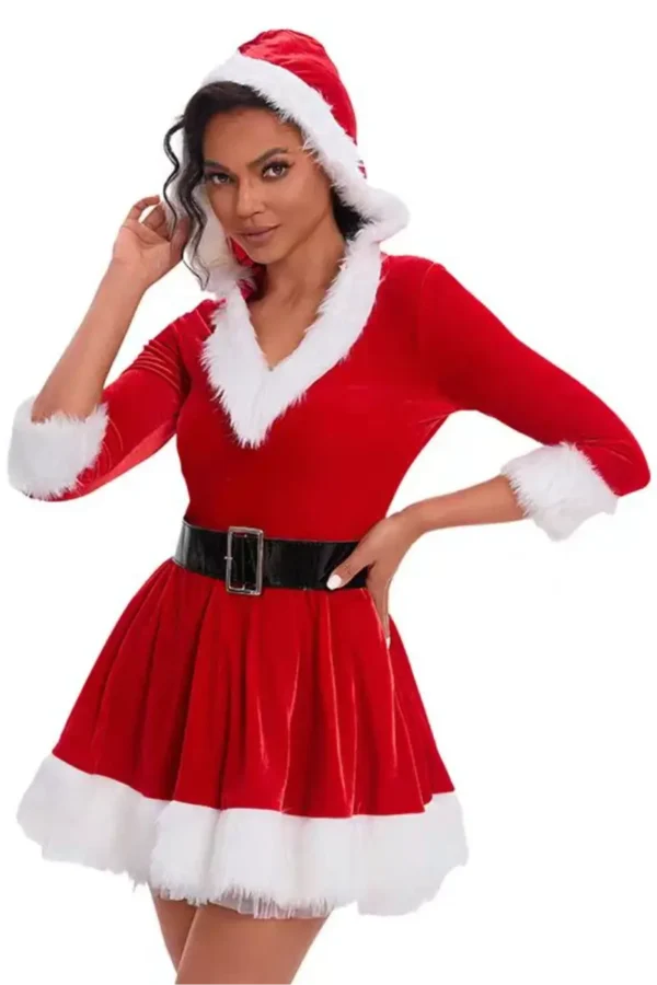 private label nude Christmas lingerie in red velvet dress with hood