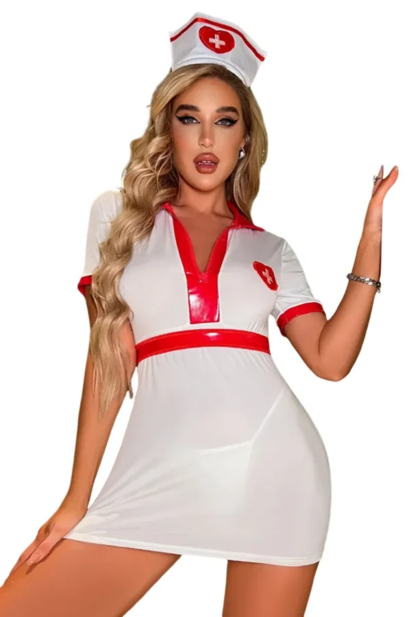 Private Label Nurse Costume Sexy in White and Red - Supreme Lingerie Private label nurse costume sexy in white with red details