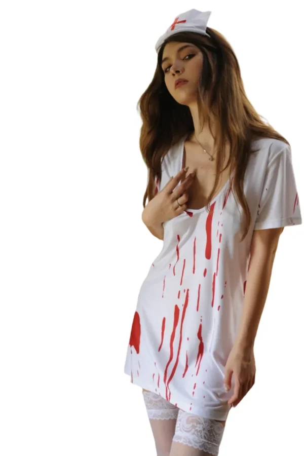 Side view of a woman in a private label nurse Halloween costume, showing blood details.