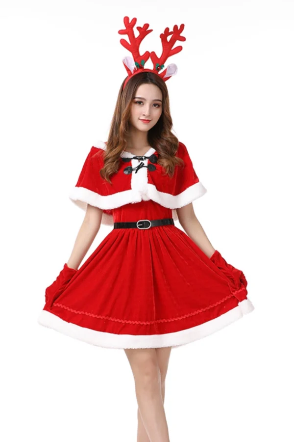 Model in private label womens Christmas lingerie red reindeer cape dress