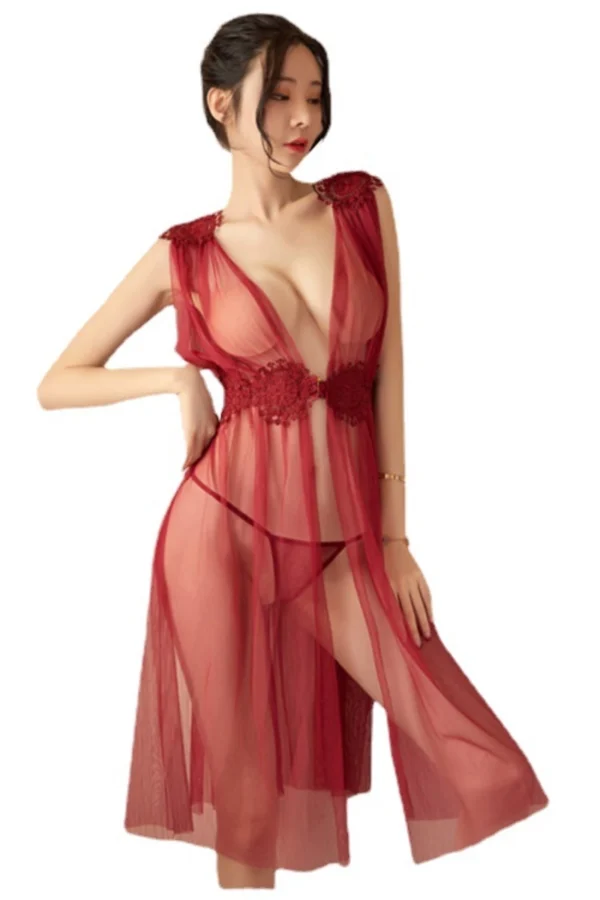 Red private label womens lace nightgown featuring romantic sheer fabric and lace accents.