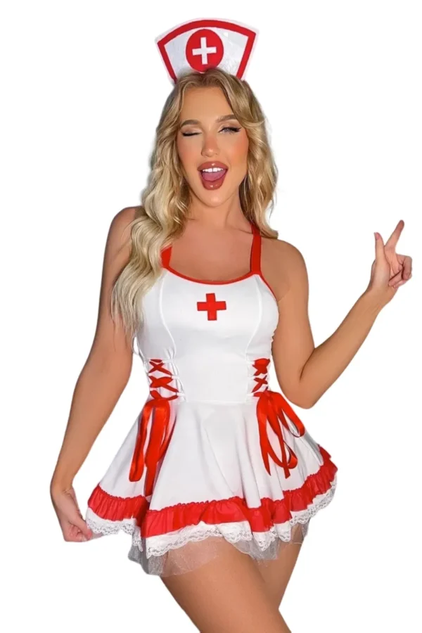 Front view of private label women's sexy nurse costume with lace-up sides and flared skirt.