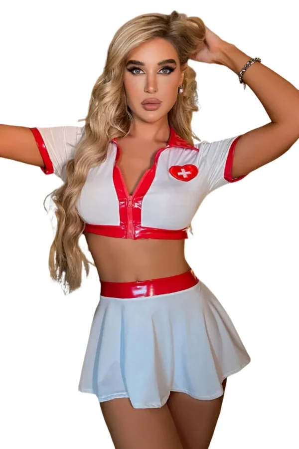 A dazzling white nurse sexy costume OEM set with a mini skirt and vibrant red trim.