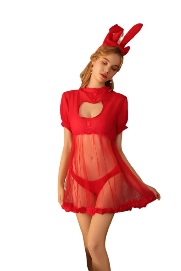 Woman in red mesh bulk Santa sexy costume with festive bunny ears