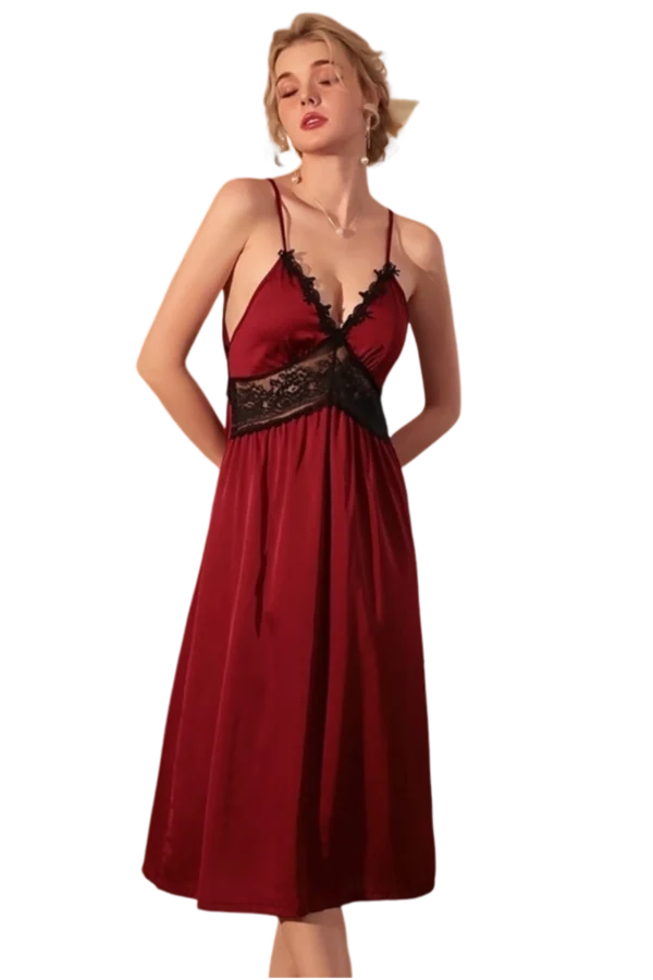 Red OEM satin lace nightgown with intricate black lace overlay