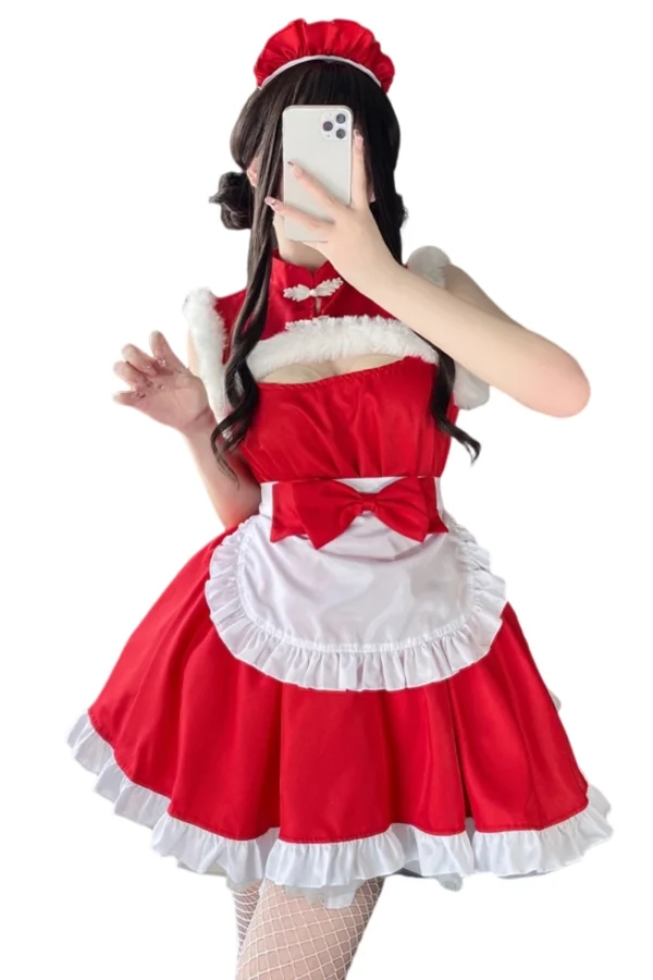 Festive red b2b crotchless Christmas lingerie with white trim