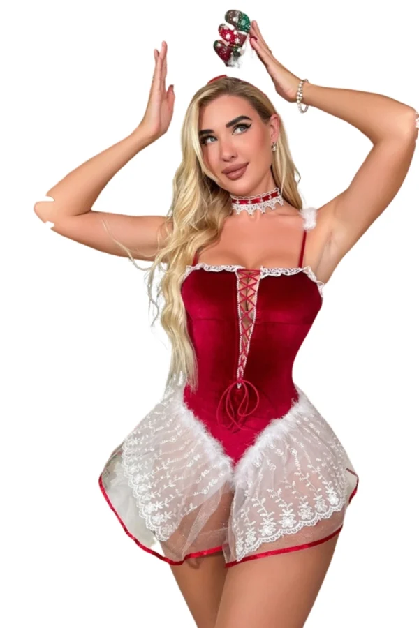 Santa lingerie porn wholesale with red velvet and lace-up front design