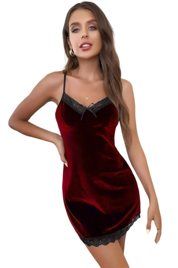 satin and lace nightgown wholesale in deep red velvet with lace trim