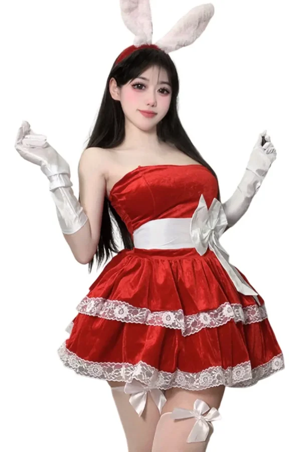 Woman in sexy Christmas lingerie wholesale, red bunny costume with lace.