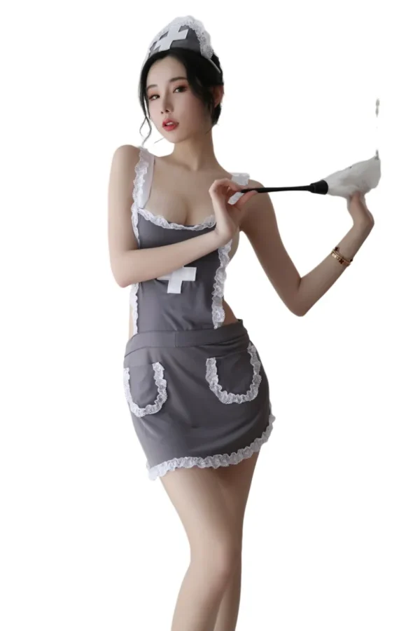 Woman wearing a full sexy maid costume set OEM in grey, featuring pockets and white lace trim.